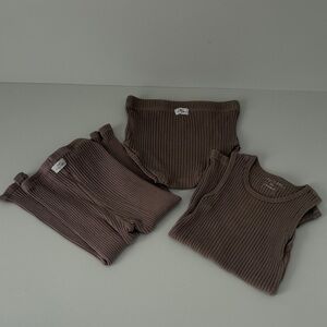 Little Lovelies Ribbed Kids Matching Set in Brown - Sleeveless Top & Bottoms